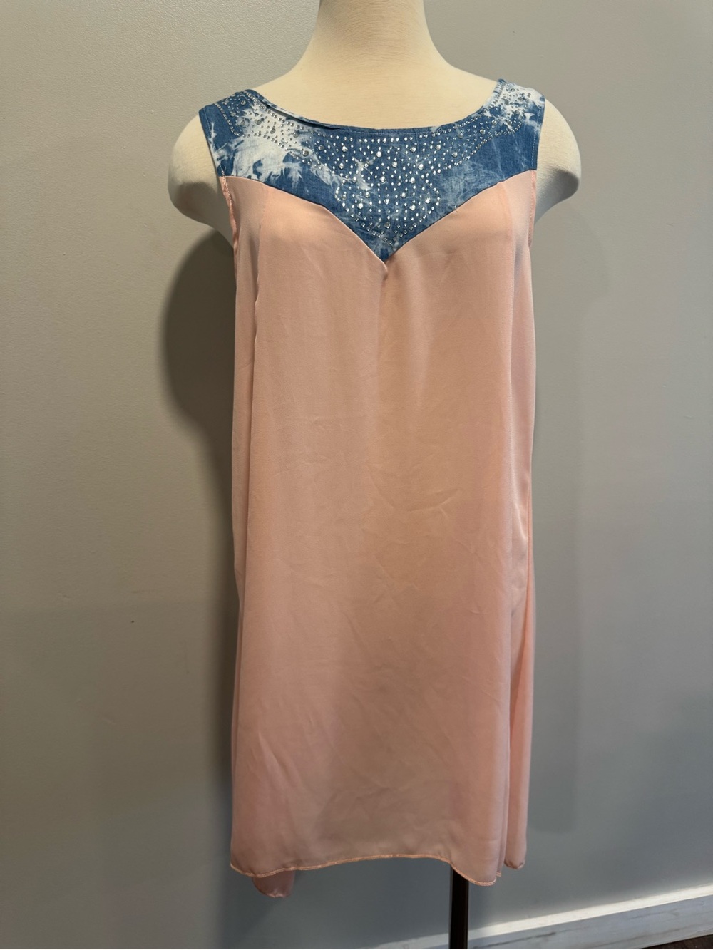 Size Medium Pink Slip Dress with Blue Embellished Neckline